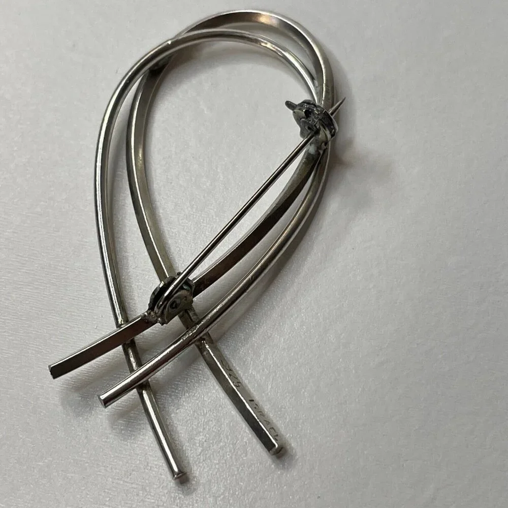 ISRAEL 925 Signed Sterling Silver Vintage Open‎ Double Ribbon Brooch Pin AL5.7